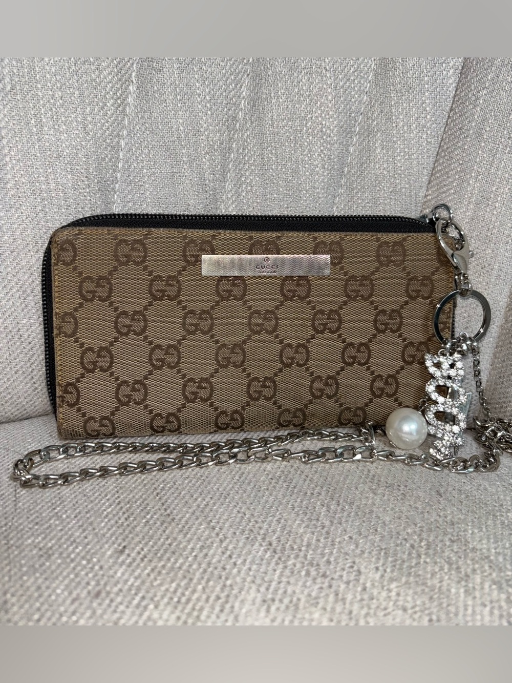 GUCCI GG Brown Monogram Canvas Leather Zippered Wallet on Chain